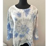 ALI MILES | Tie Dye Linen Cotton White Blue Tiered Back Mesh Hem Tunic | Large Photo 6