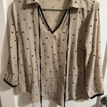 EAM Women's Beige Cat Print V Neck Tie Neck Long Sleeve Blouse Top Size L Tan Size L Photo 0