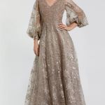 Mac Duggal  Beige Embellished Plunge Neck Puff Sleeve Gown Photo 0