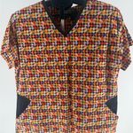 Vintage Landau Uniform Scrub Top Orange Black Purple Floral Size Medium Photo 0
