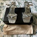 Badgley Mischka Loyalty Silver Sandal Heel 6.5 Kitten Heel Knot Detail Photo 1