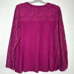 Cable & Gauge Woman Stretchy Top Blouse 1X Magenta Lace Sleeves Lacy Pullover Photo 3