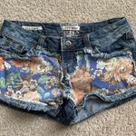 Hot Kiss Blue and Orange Cartoon Print Jean Shorts Photo 0