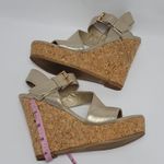 Womens Metallic Gold Glossy Open Toe Buckle Slingback Wedge Heel Sandals Size 8M Photo 6