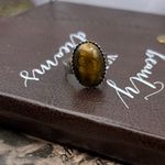 Handcrafted Brown Oval Tigereye Gemstone Cabochon Steel Adjustable Ring Photo 8
