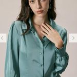 RIHOAS The Green Lapel Button Satin Shirt Mini Dress 3 Size XS Photo 2