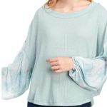 Love, Fire  | NWT | 1X | Aqua Blue Slouchy Waffle Knit Tie-Dye Sleeve Blouse Top Photo 0