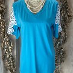 Amazon Blue Crochet Sleeve V-Neck Blouse Medium Soft Stretchy Feminine Photo 1