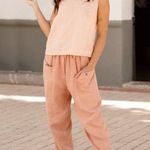 Magic Linen Tapered Cargo Pants Sz XL Rose Pink Elastic Waist Boho Chic Photo 0