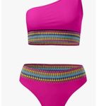 Peixoto Womens One Shoulder 2 Piece Bikini Swim Suit Pink Ribbed Fabric Trim XL Photo 0