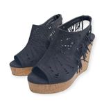 Olivia Miller š Fringe Peep Toe Cutout Cork Wedge Sandals š Black Microsuede š Photo 6