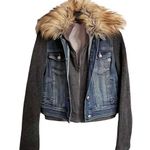 Miss Me Cropped Denim and Sweater Jacket with Removable Faux Fur Collar Size S Photo 0