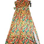 Nicole Miller  Tropical One Shoulder Maxi Front Slit Dress Fancy Belted 8 Satin Photo 0