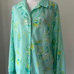 Vintage ‘80s Sea Green, White & Yellow Sheer Floral Print Button Down Blouse Green Size XL Photo 0