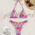 NWOT Colorblock Purple Orange Pink Stripe Floral Print Bikini Set Size Large Photo 3