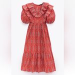 ZARA  Red & White Eyelet Ruffle Puff Sleeve Short Sleeve Midi Dress Size XS Photo 1
