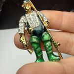 Fisherman Rhinestone Brooch Pin Gold Tone Man Fishing Green Enamel Overalls Photo 14