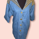 Gold Studded Denim Top Blue Size 6 Photo 0