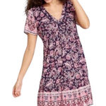Knox Rose  Boho Paisley V Neck Dress Navy Blue Pink Short Sleeve Women’s Small Photo 0