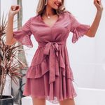 ✨3xHP✨Swiss Dot Ruffle Hem Flounce Sleeve Dress✨ Pink Size L Photo 0