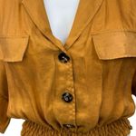 ZARA Brown 3/4 Sleeve Collared Pocket Smocked Button Up Crop Shirt Top Size M Photo 2