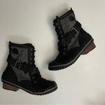 Sorel  Boots Slimboot Combat Leather Ankle Buckle Lace Up Herringbone Tweed Black Photo 7