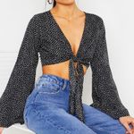 Polka Dot Self Tie Wrap Bell Wide Sleeve Crop Top Black Photo 1