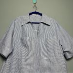 Olivaceous V-Neck Pinstripe Linen Shift Mini Dress Blue White Dress Women’s L Photo 2