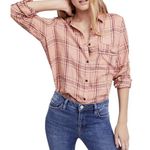 Free People Women’s  No Limits Plaid Linen Shirt Button Down Peach Long Sleeve XS Photo 0