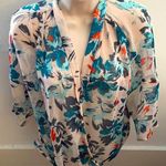 Chelsea28 floral faux wrap sheer 3/4 sleeves white & blue blouse size S bohemian Photo 0