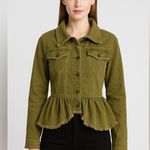 Free People  Olive Green Frayed Hem Denim Jacket XS | Utility Boho Casual Layer Photo 11