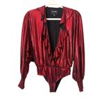 RETROFETE Fiona Plunge Neckline Metallic Bodysuit Red XS Red Photo 2