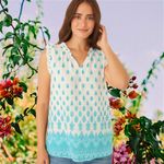 Talbots  size XL V-neck blouse white and turquoise or blue paisley border print Photo 1