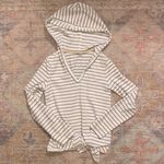 Hem & Thread Front Tie White and Grey Striped Pullover Hoodie Photo 0