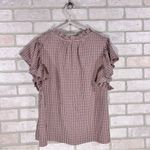 Voy Brand Clothing Paige Plaid Ruffle Short Sleeve Button Down Shirt Size S Blue Photo 5