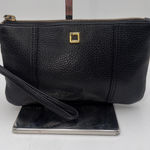 Lodis RFID Black Leather Wristlet Clutch Purse Gold Logo Detachable Strap Photo 0