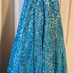 Tony Bowls Blue Strapless Gown with Green Sash Photo 3