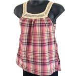 Lovers Rock Juniors Plaid Sleeveless Tank Top Size Large, Crochet Trim Tie Waist Brown Photo 3