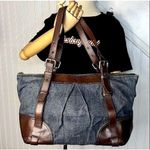 Burberry Denim Shoulder Bag Brown Leather Top Zip Closure Blue Label RARE Photo 12