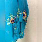 Fig & Flower Teal Blue Chiffon Floral Embroidered Roll Tab Sleeve Blouse LP Size undefined Photo 2