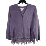 VTG Lew Magram Lavender Light Weight Crochet Hem Button Up Long Sleeve Top XL Purple Photo 0