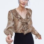 ZARA Leopard Bodysuit Small Animal Print Semi Sheer Long Sleeve Ruffle Career Photo 0