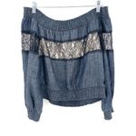 Alice + Olivia  Celia Off The Shoulder Stretchy Long Sleeve Denim Style Lace Top Photo 5