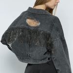 NWT Boutique Rhinestone Fringe Denim Jacket Black Size L Photo 1