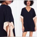ZARA Navy Blue Flowy Mini Shift Dress w/ Contrating Nude Pink Bows Size Medium Photo 3