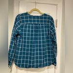 L.L. Bean Size S Cotton Collarless Teal Ivory Plaid Long Sleeve Popover Shirt Blue Photo 7