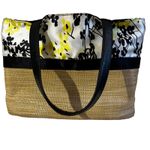 Floral Straw Tote Bag Yellow Black & White Purse Handbag Hobo Indie Photo 2