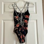 Skinny Dippers Lace Up Floral Swim Suit Small Black Photo 3