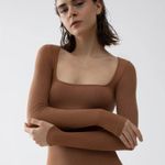 Square Neck Long Sleeve Maxi Dress Ribbed Bodycon Dresses for Women Soft Lounge Dress Brown Photo 0