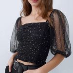 ZARA Brand New Rhinestone Tulle Puff sleeve black top Photo 0